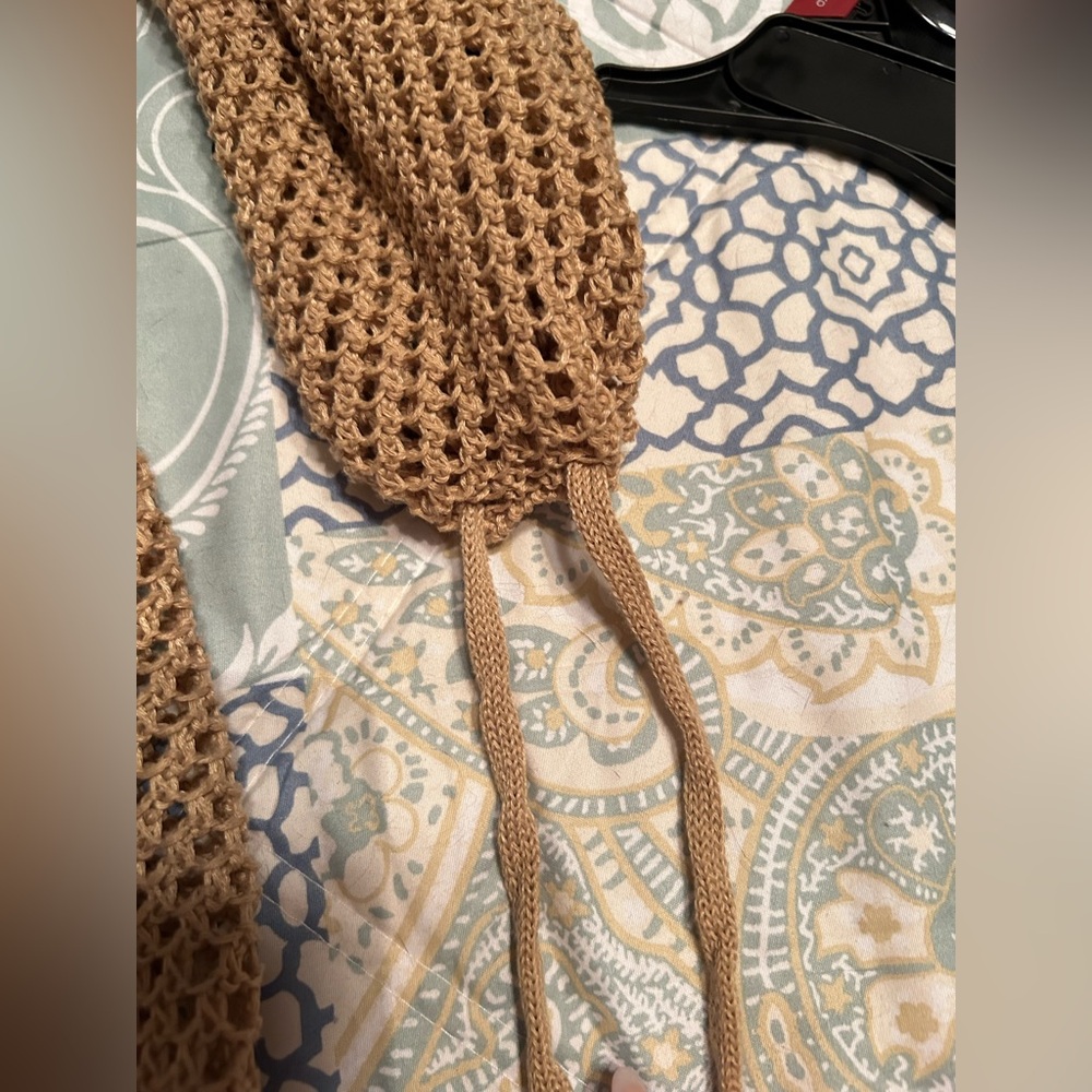 Tan Crochet Long Sleeve Knit Swim Beach Crochet Dress Cover Up - Picture 9 of 10